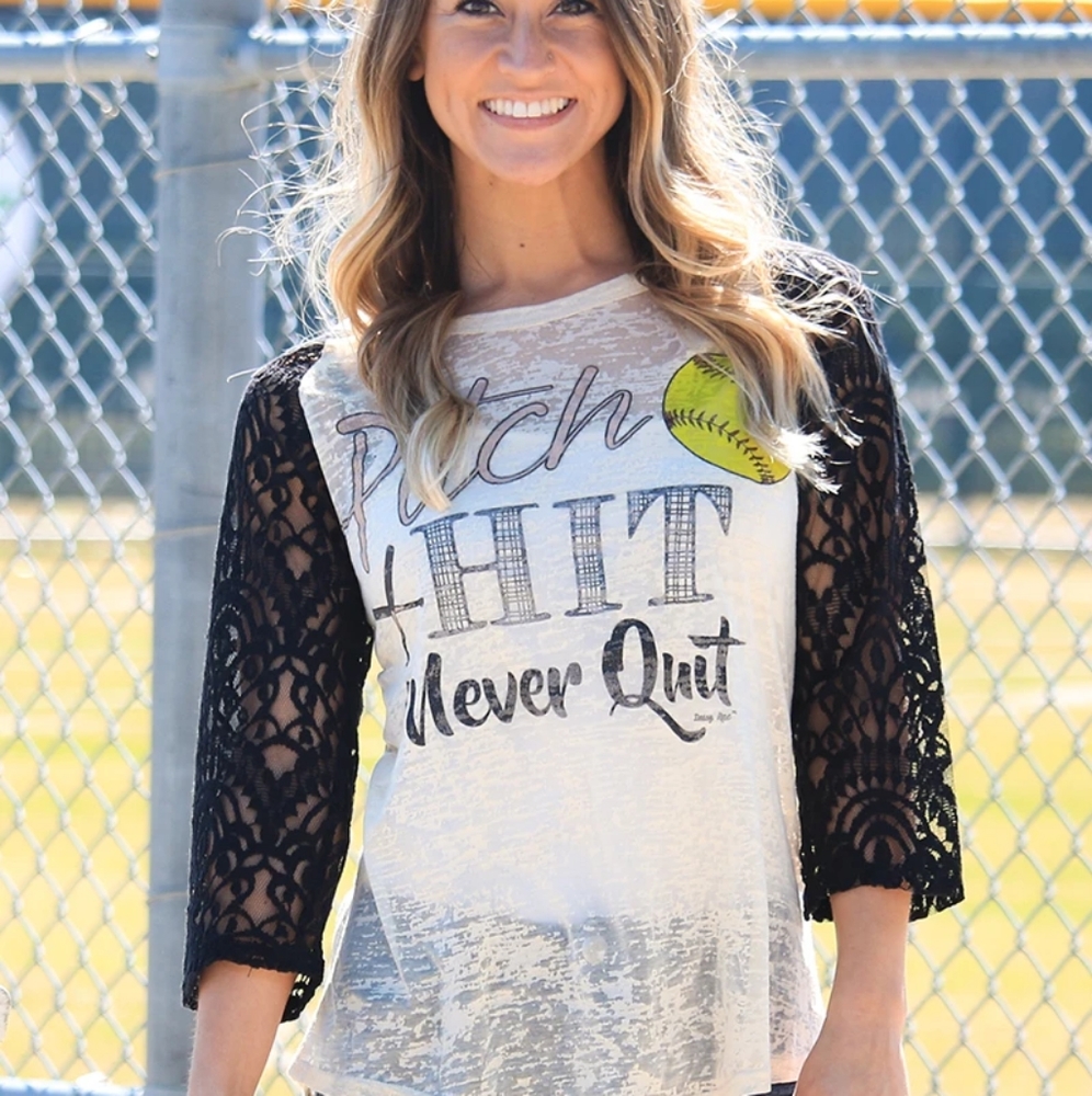 Pitch hit & never quit softball lace sleeve raglan